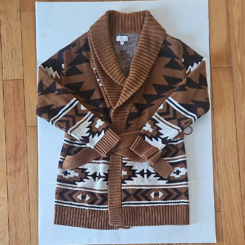 Lucky Brand Brown and Black Patterned Belted Cardigan - Picture 1 of 4